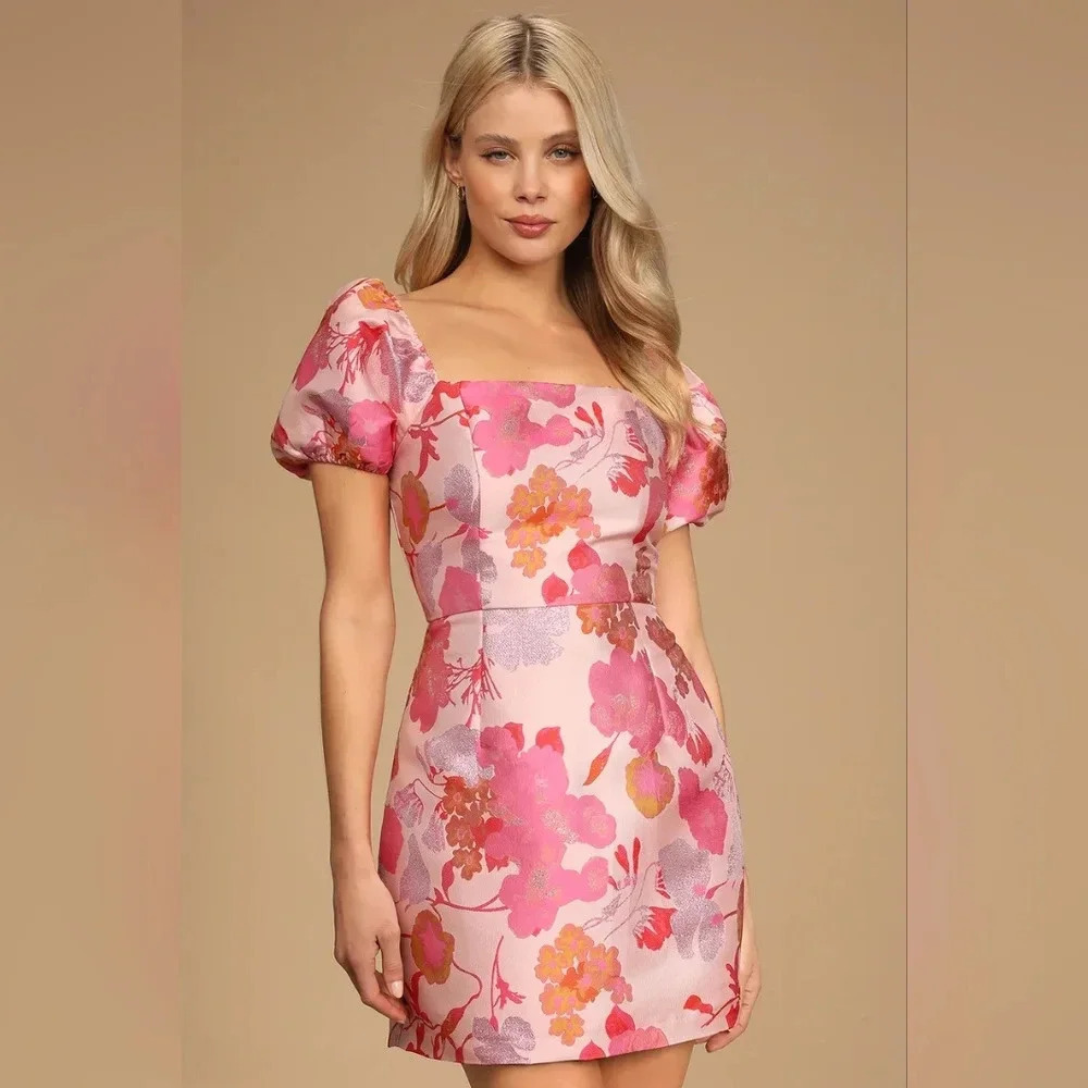 Lulus So Stunning Orange Multi Floral Jacquard Puff Sleeve Mini Dress Party - Picture 3 of 9